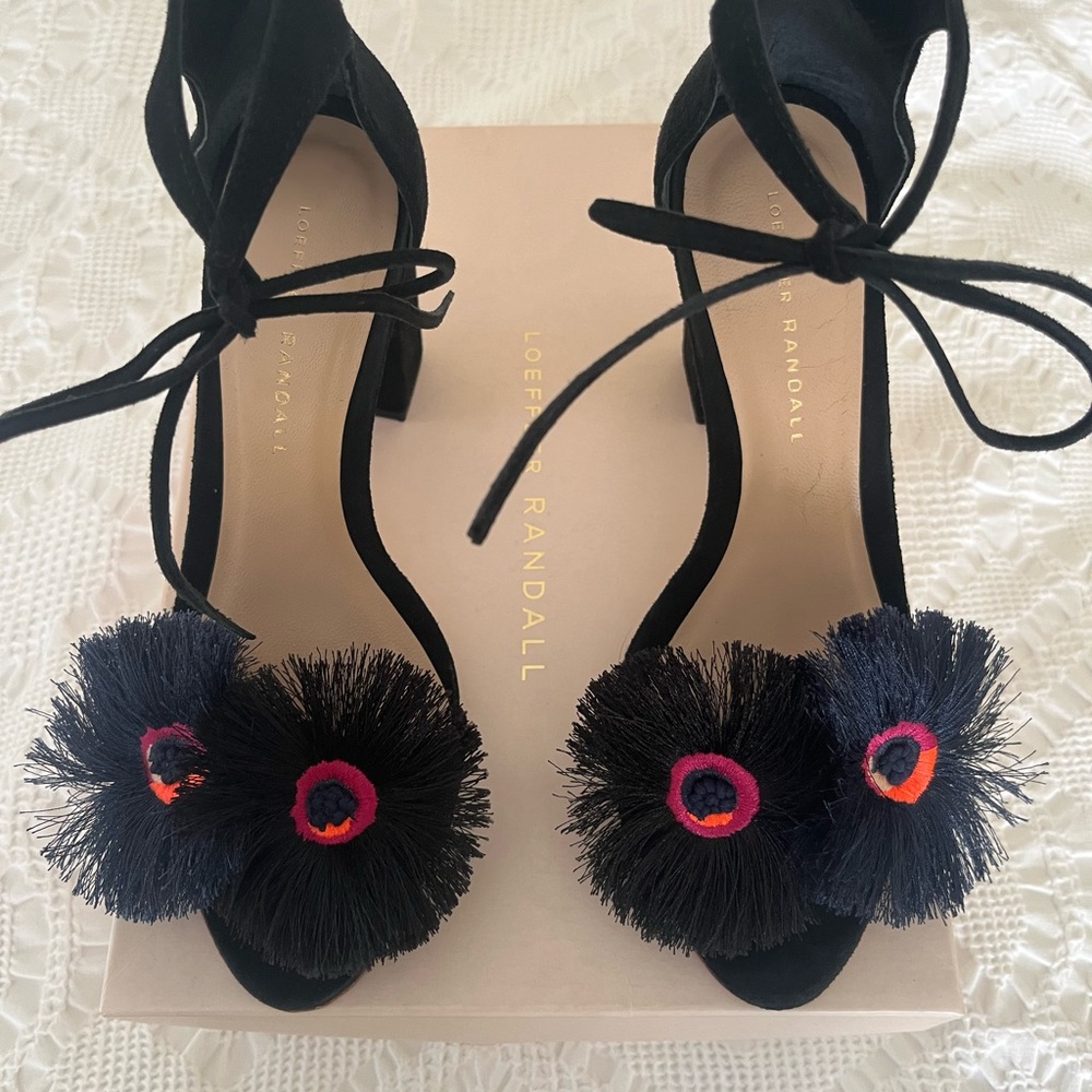 Loeffler Randall Black Heels with Multicolor Pom Poms